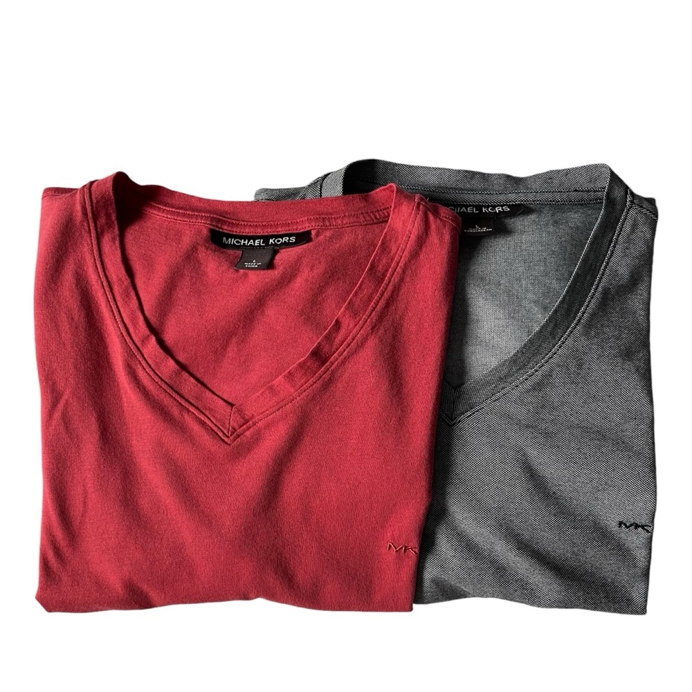 Lot Of 2‎ Michael Kors Men's Heather  V-Neck T-Shirt Sz L. Gray And Cherry Pink